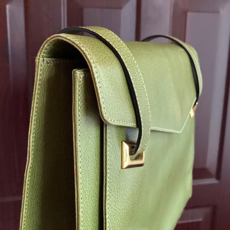 Salvatore Ferragamo 綠色荔枝紋真皮 義大利製 梯形 古董包