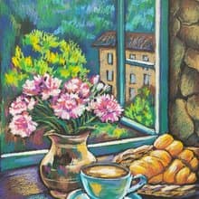 French Breakfast drawing flowers art painting oil pastel bouquet gift for woman