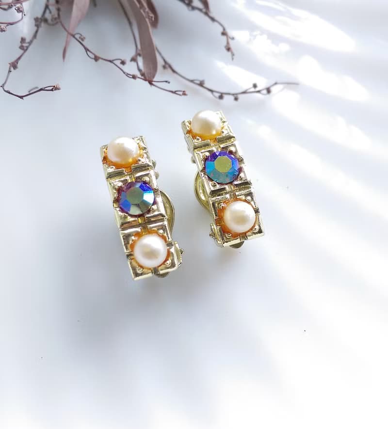 【西洋古董飾品 】可愛 氣質 仿珠鑽 C圈 夾式耳環