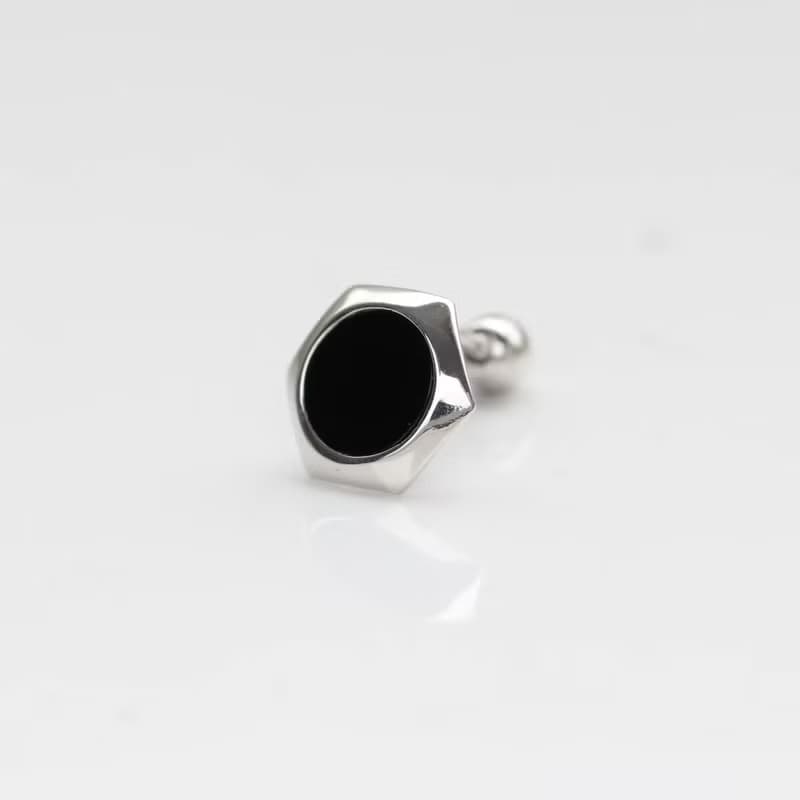 14K 六角黑瑪瑙鎖珠耳環_P2996 (單個)