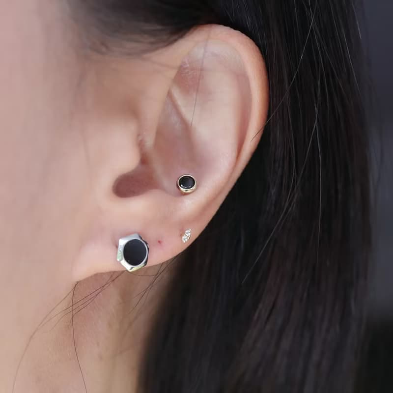 14K 六角黑瑪瑙鎖珠耳環_P2996 (單個)