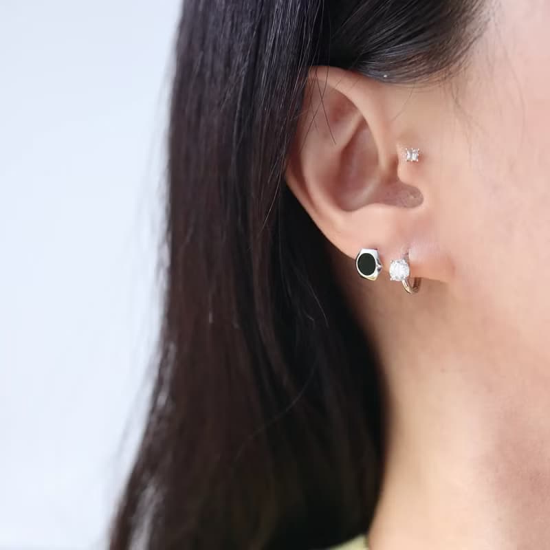 14K 六角黑瑪瑙鎖珠耳環_P2996 (單個)