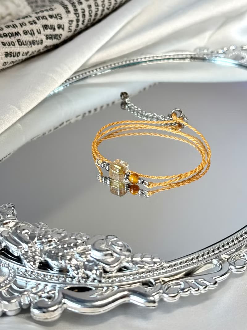 財富/雙圈蠟線祈願開運水晶手鍊 - 醫療鋼配飾/鈦晶方糖/虎眼石