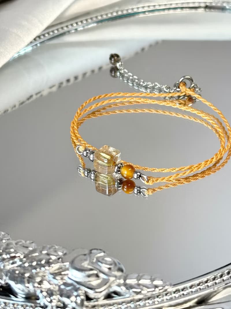 財富/雙圈蠟線祈願開運水晶手鍊 - 醫療鋼配飾/鈦晶方糖/虎眼石