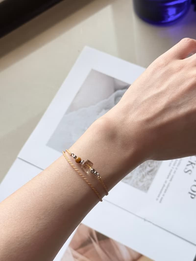 財富/雙圈蠟線祈願開運水晶手鍊 - 醫療鋼配飾/鈦晶方糖/虎眼石