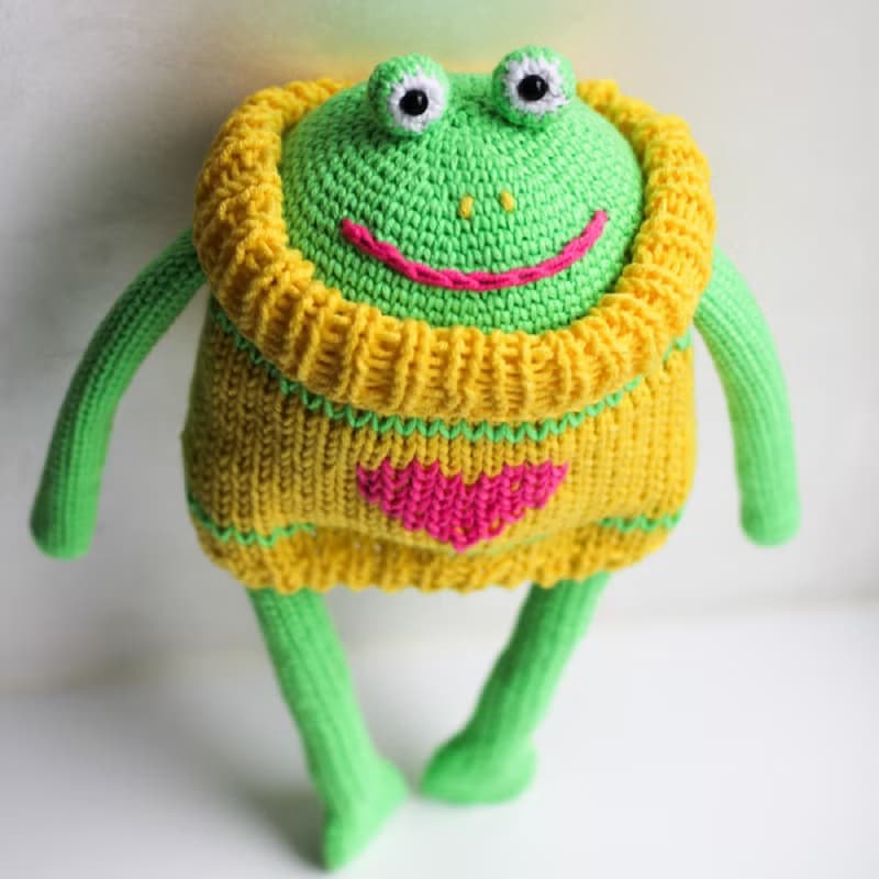 Funny toad crochet, crazy frog, knitted frog in sweater, crochet green froggy