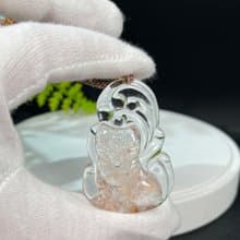玻璃體雪花幽靈水晶吊墜 立體手雕九尾狐後項錬 冰透粉嫩靈修祥瑞