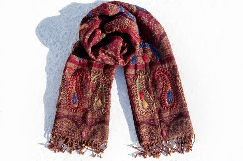 喀什米爾Cashmere/水煮羊毛披肩/針織圍巾/刺繡圍巾/羊絨披巾-花