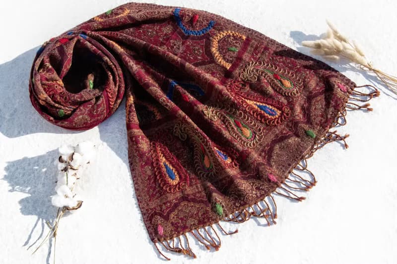 喀什米爾Cashmere/水煮羊毛披肩/針織圍巾/刺繡圍巾/羊絨披巾-花