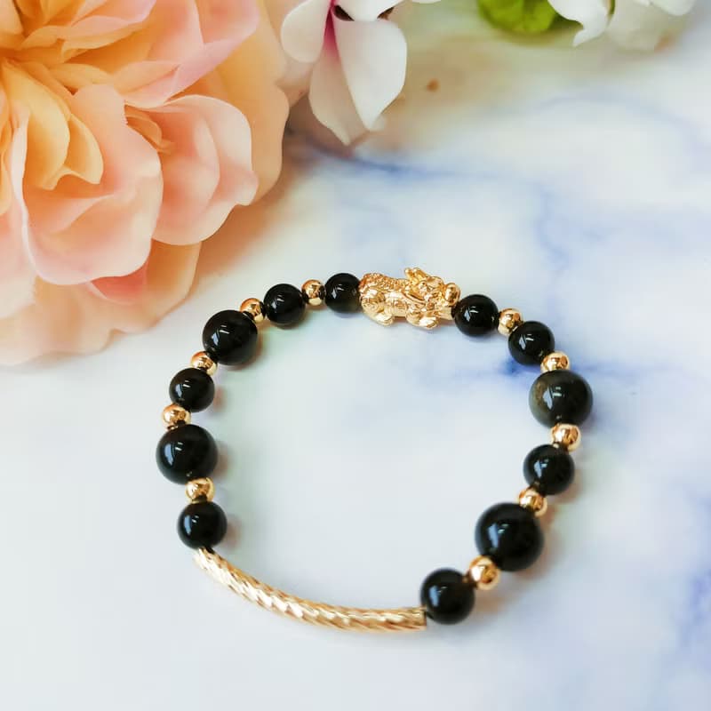 14K金包銅金款招財好運貔貅金曜石幸運手鍊 時尚 型男專用