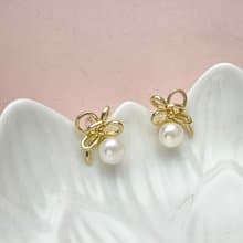 金色絲帶 天然淡水珍珠  純銀 耳環