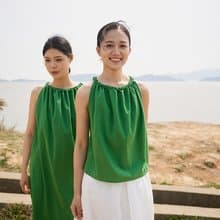 大滿足的綠色 必入 手縫麥穗挂脖系帶上衣/洋裝 環保棉天然纖維染