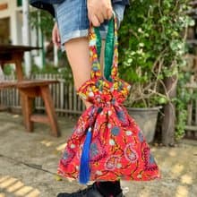 手工刺繡 橙紅色 花卉 索繩束口 手袋 手提包