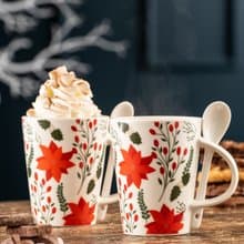 英國Aynsley 聖誕系列 聖誕紅白底陶瓷馬克杯匙組300ml 2組入