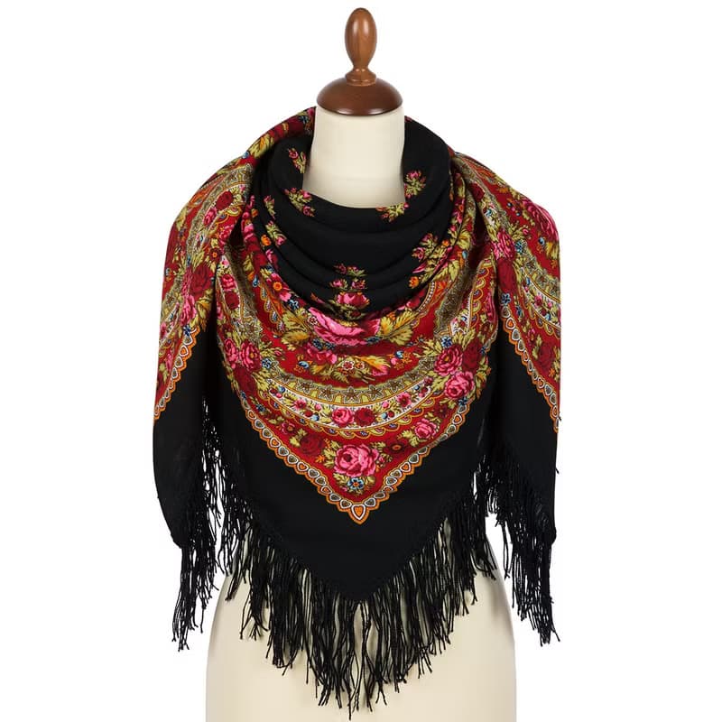 Pavlovo Posad Russian Shawl 100% Wool Scarf 125 cm, Wrap Woolen Fringe 1901-18