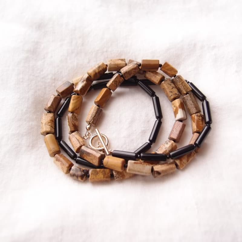 Picture Jasper× Black Onyx Asymmetry Necklace ロングネックレス Black