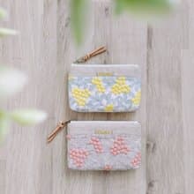 【FWL/四層小錢包】日本刺繡 金合歡 黃 粉 日本刺子布 法國銀蔥