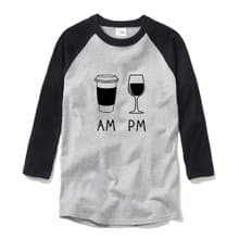 COFFEE AM WINE PM 中性 七分袖T恤 灰黑色 咖啡 酒 插畫 禮物