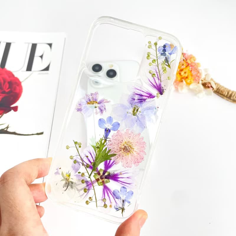 錦葵與三色堇押花手機殼適用於iPhone 16 Pro Max SamsungS25 A35