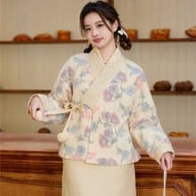 暖杏印花 復古花花日式夾棉漢服外套 新中式中秋春節改良旗袍