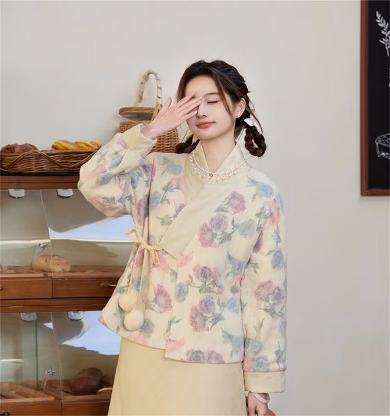 暖杏印花 復古花花日式夾棉漢服外套 新中式中秋春節改良旗袍