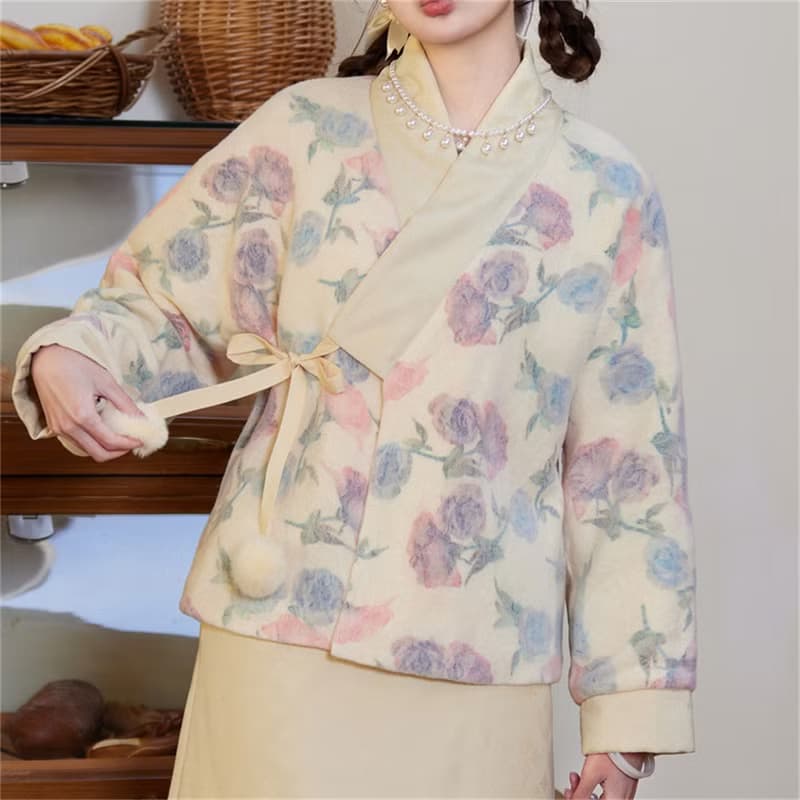 暖杏印花 復古花花日式夾棉漢服外套 新中式中秋春節改良旗袍