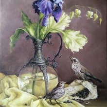 透明花瓶中的鳶尾花花束油畫