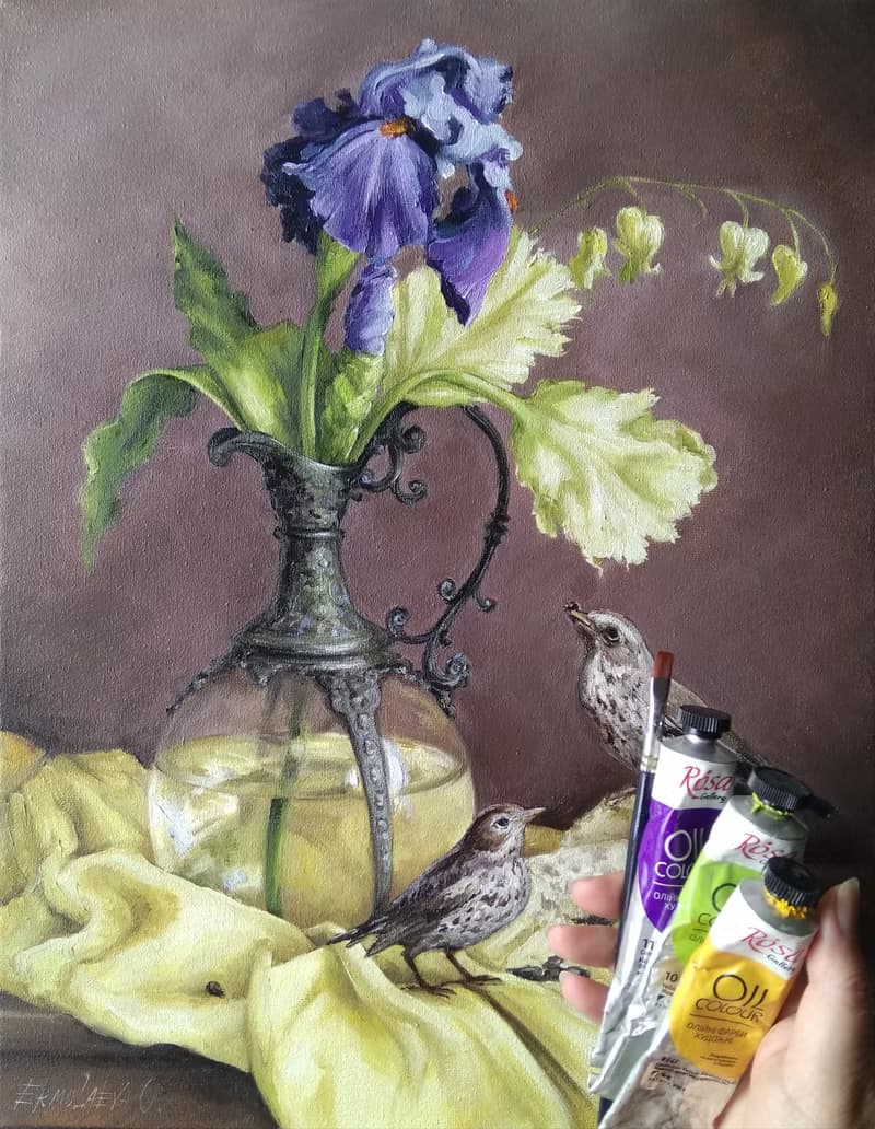 透明花瓶中的鳶尾花花束油畫