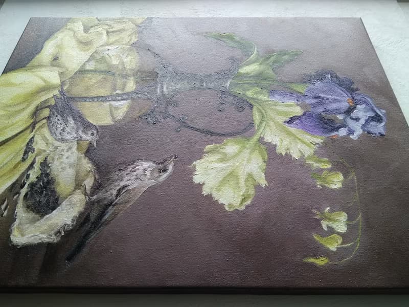 透明花瓶中的鳶尾花花束油畫