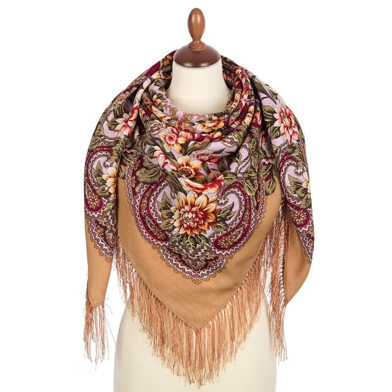 Pavlovo Posad Russian Shawl 100% Wool Scarf 125x125 cm Wrap Silk Fringe 1835-1