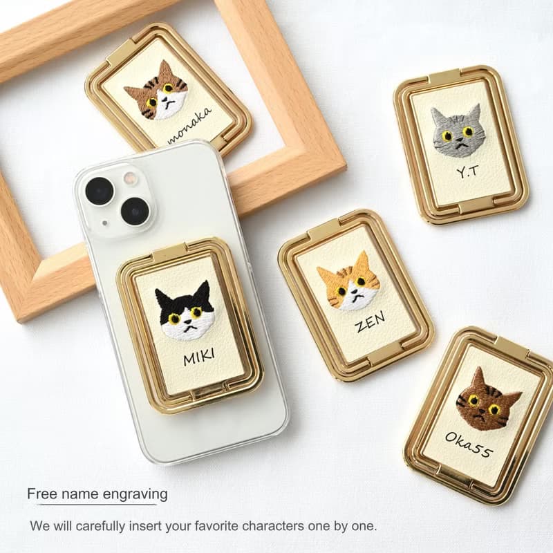 スマホ 多機能リング 【 刺繍 猫 名入れ 】 スマホリング スマホスタンド 縦動画 横動画 名入れ無料 A247I