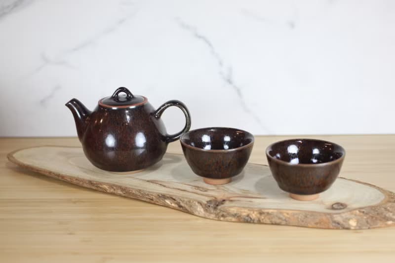 【母親節禮物】黑孔雀 天目釉茶具組 一壺兩杯 鶯歌葉敏祥作