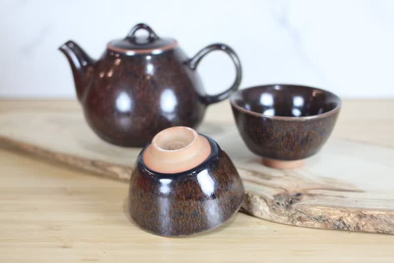 【母親節禮物】黑孔雀 天目釉茶具組 一壺兩杯 鶯歌葉敏祥作