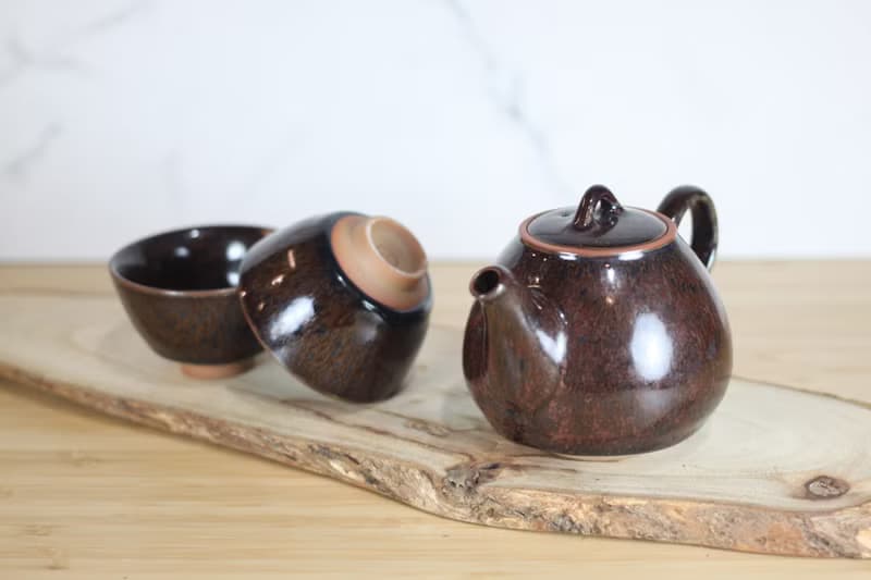 【母親節禮物】黑孔雀 天目釉茶具組 一壺兩杯 鶯歌葉敏祥作