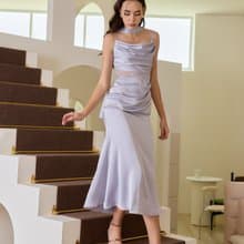 satin long dress with lace waist and scarf