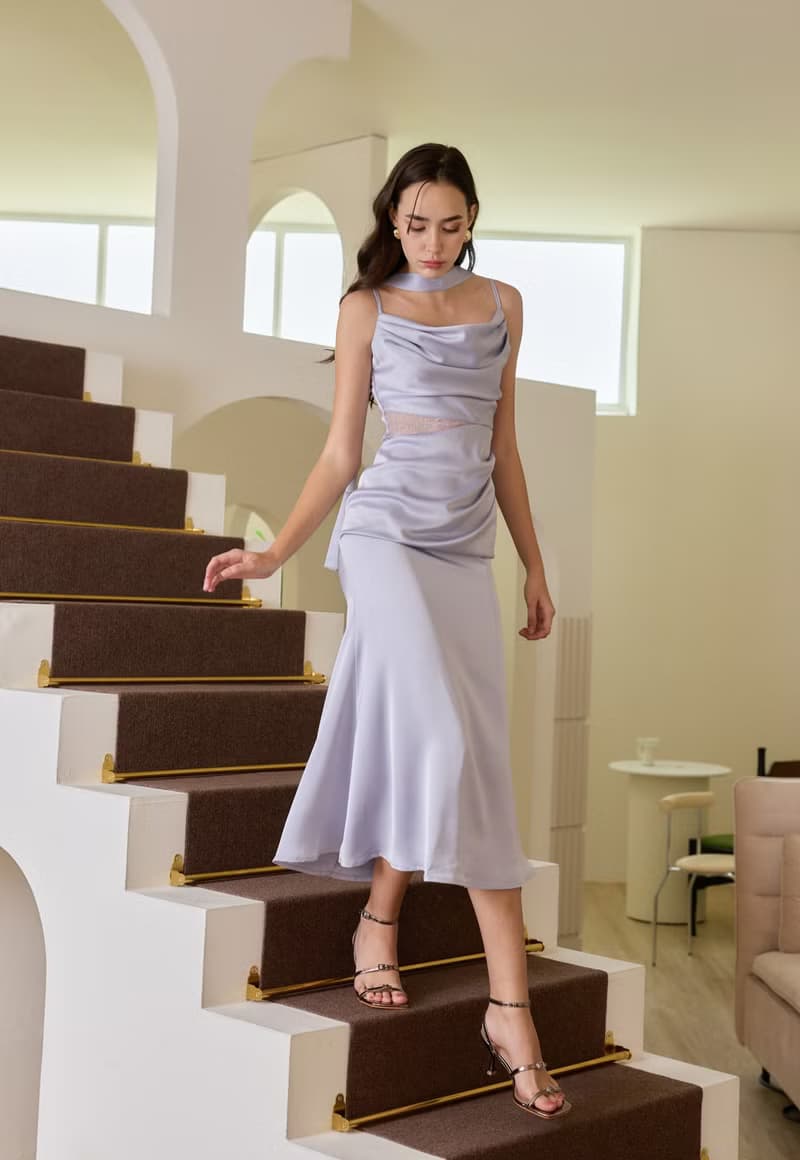 satin long dress with lace waist and scarf