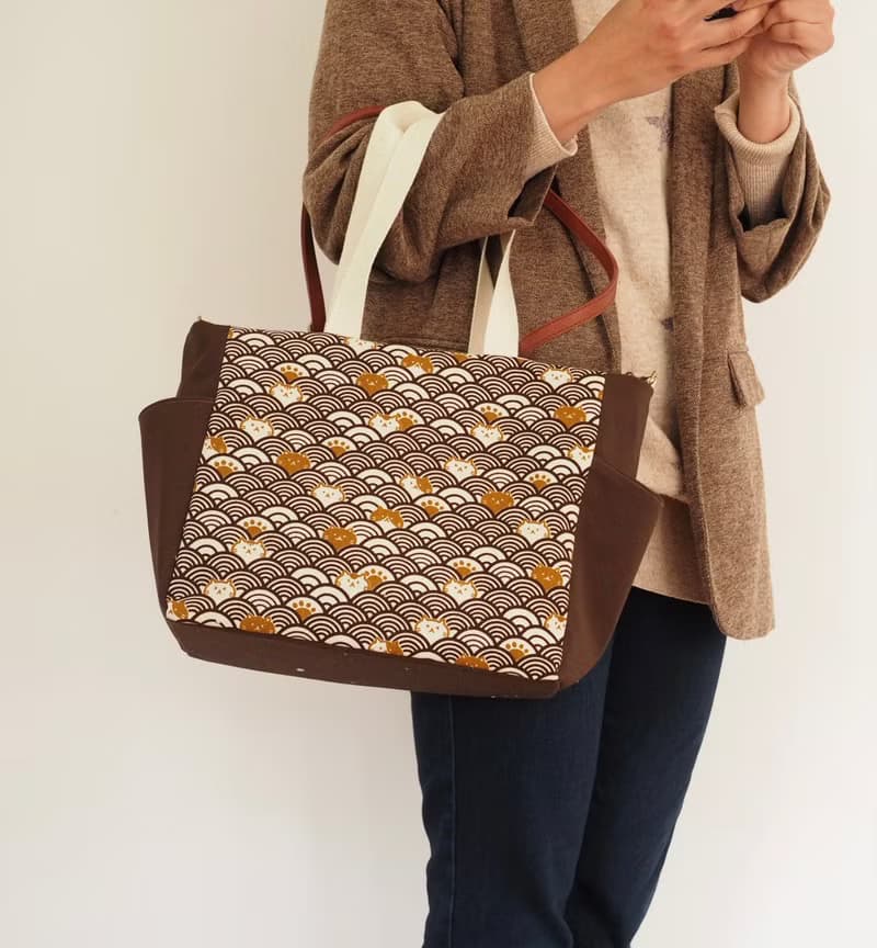 原創手工縫製托特側肩包帆布包 可愛和風波浪躲貓貓圖案