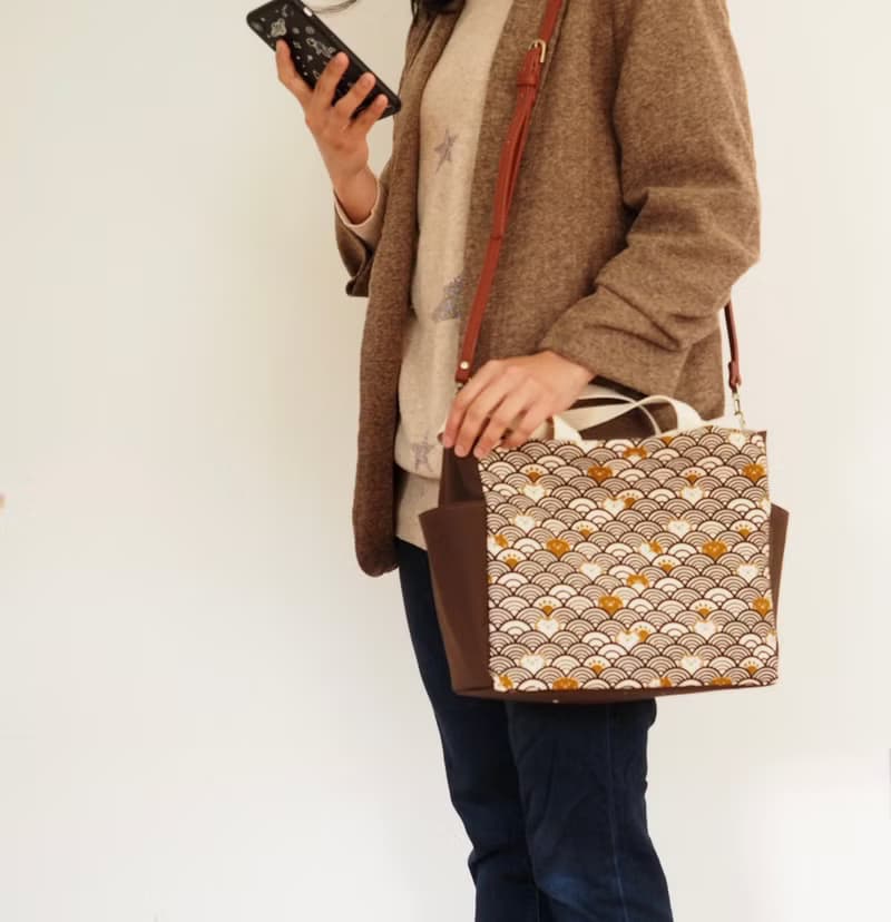 原創手工縫製托特側肩包帆布包 可愛和風波浪躲貓貓圖案