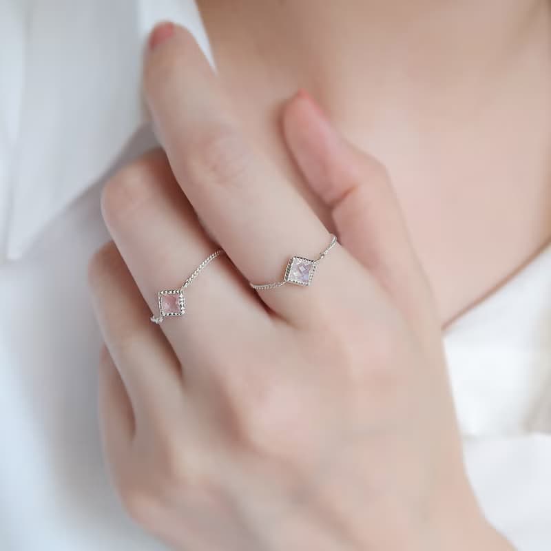 925純銀 方形 粉晶 粉水晶 鍊戒 戒指 可調整 免費送禮包裝