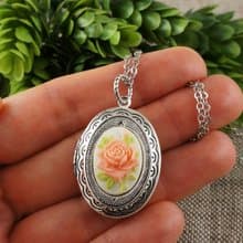 Pink Rose Cameo Silver Oval Photo Locket Floral Pendant Necklace Woman Jewelry