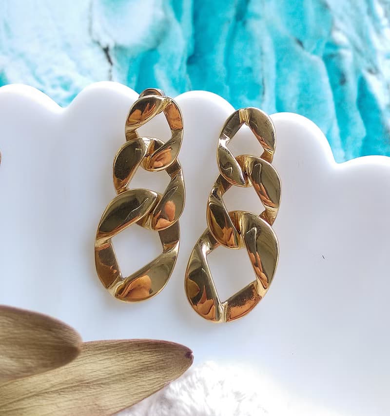 Vintage Jewelry 西洋古董飾品 金色調 復古鍊條 針式耳環