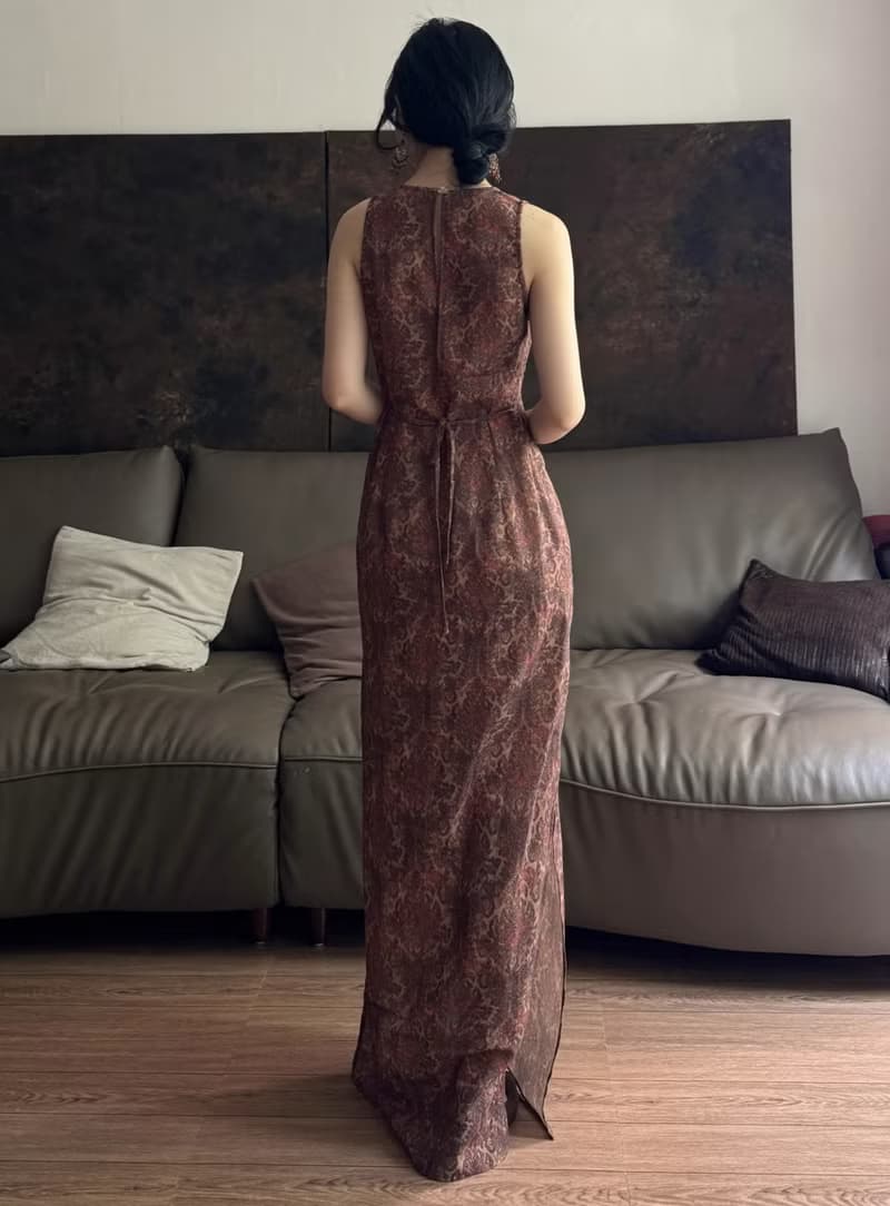 新中式復古 花卉圖騰V領連身裙