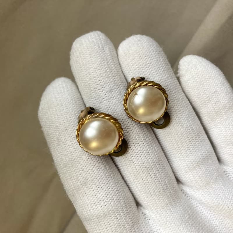 奶白珍珠 麻花金邊 金屬夾式耳環 耐用 古董飾品 古董耳環
