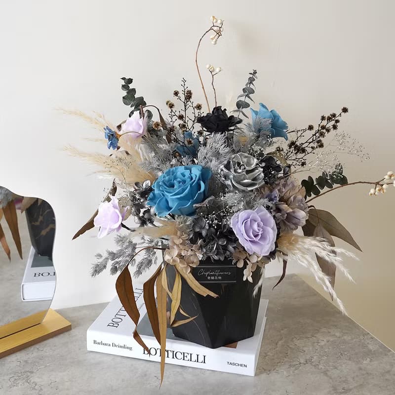 【竒花】奢華黑紫永生乾燥花盆栽 生日禮物 開幕喬遷新居禮