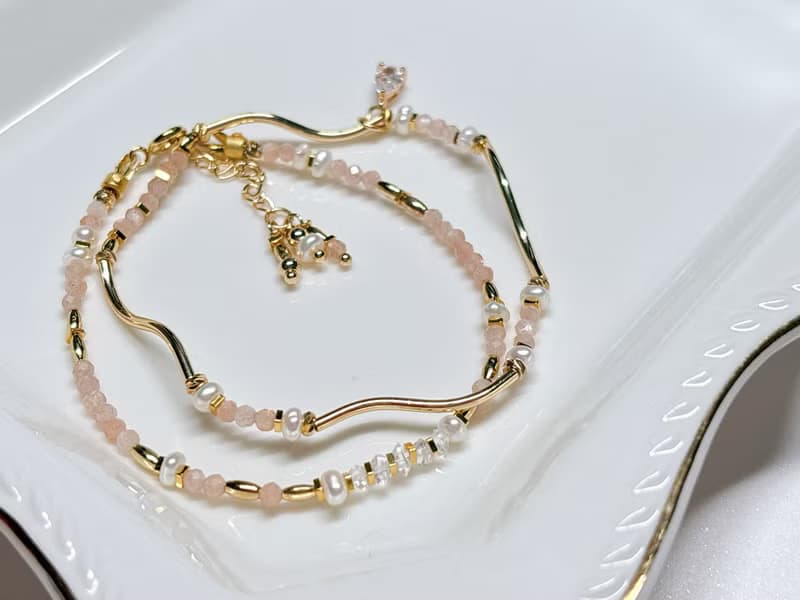 日暮 l 極細手鍊/2件式。赫基蒙雙尖水晶。橙月光石。淡水珍珠