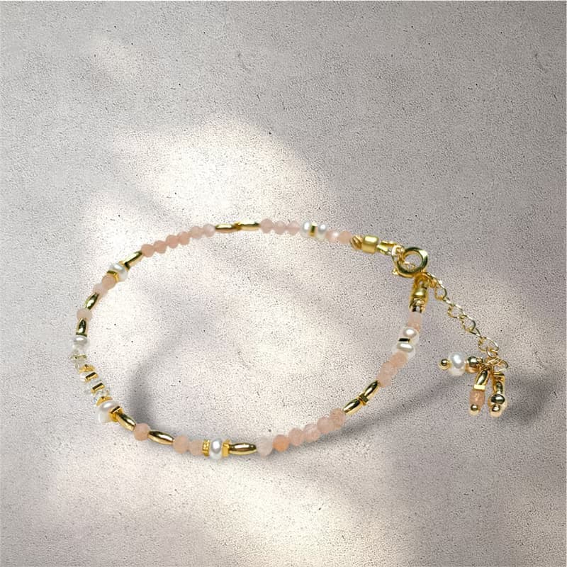 日暮 l 極細手鍊/2件式。赫基蒙雙尖水晶。橙月光石。淡水珍珠