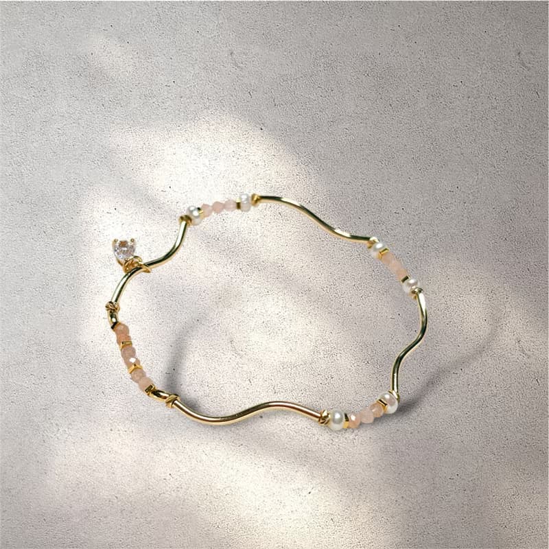 日暮 l 極細手鍊/2件式。赫基蒙雙尖水晶。橙月光石。淡水珍珠