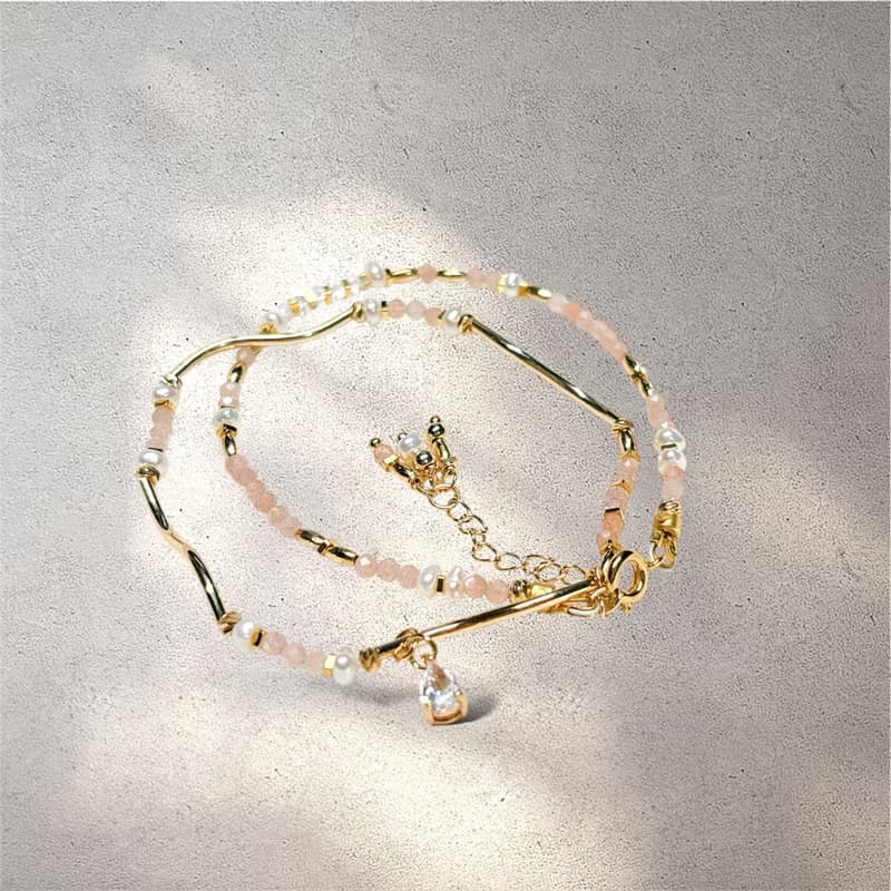 日暮 l 極細手鍊/2件式。赫基蒙雙尖水晶。橙月光石。淡水珍珠