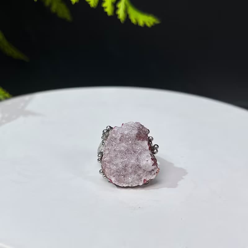 鈷方解石共生水晶活口戒指 星光閃片原石標本礦物手工指環 S925銀