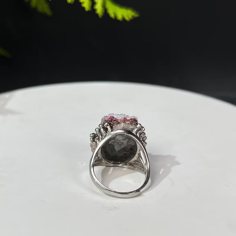鈷方解石共生水晶活口戒指 星光閃片原石標本礦物手工指環 S925銀